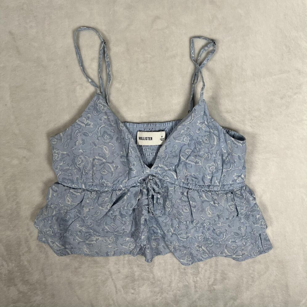 Hollister Tank Top Womens Medium Blue Paisley Ruffle Tie Front Camisole